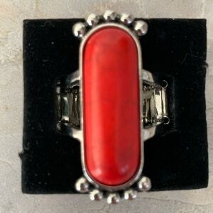 Red Stone and Silver Western style Stretch Ring
